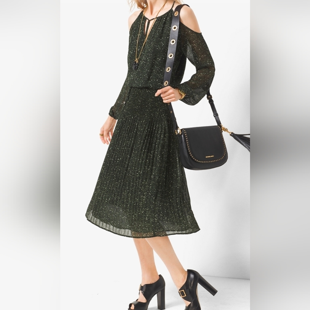 Women's Michael Kors Olive Green Dress‎ Size S Off Shoulder 3/4 Sleeve Bow Neck